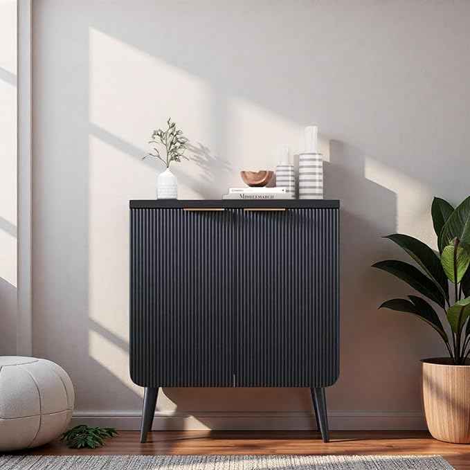 23.6" Modern Fluted Sideboard Cabinet with 2 Doors, Wood Storage Credenza with Shelves, Multi-Purpose Buffet Cabinet for Entryway, Dining & Living Room, Black