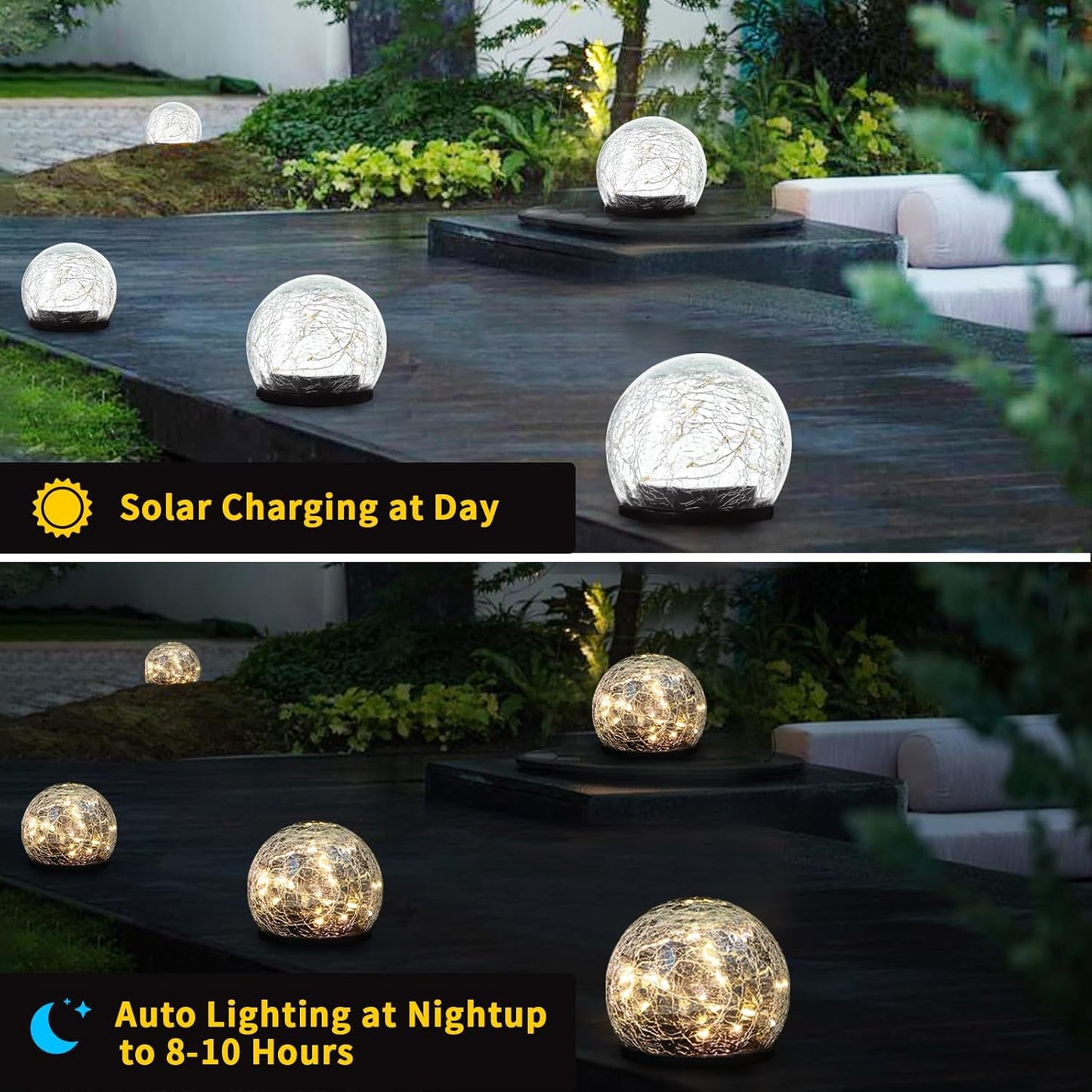 Solar Globe Lights, Cracked Glass Solar Waterproof Warm White LED Ball Lights for Yard Pathway Patio & Lawn Decor (Warm Colors, 2 Pack, 3.94")