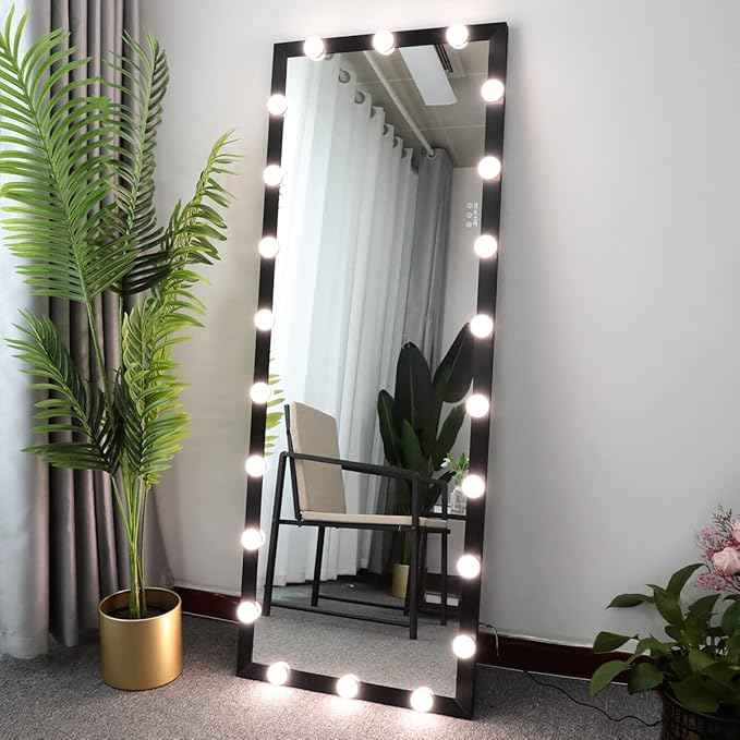 Full Length Mirror with Lights, 65" x 24" Led Standing Mirror, Wall Mounted and Floor Standing Bulbs, Wall Mounted for Bedroom,Dimming&3 Color Modes (Black)
