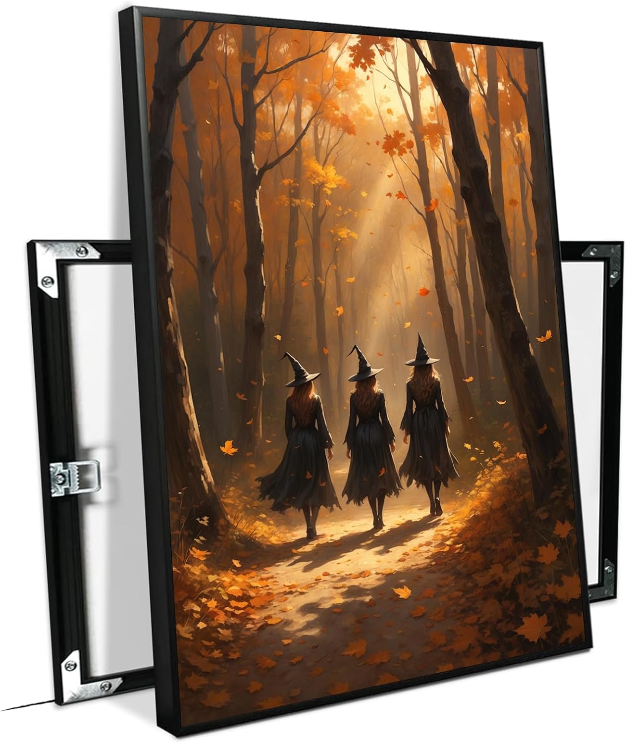 JFHCQJPK Three witches walking in the forest in autumn canvas painting gothic poster halloween print country witch wall art for home decoration12x16in Metal blackFramed