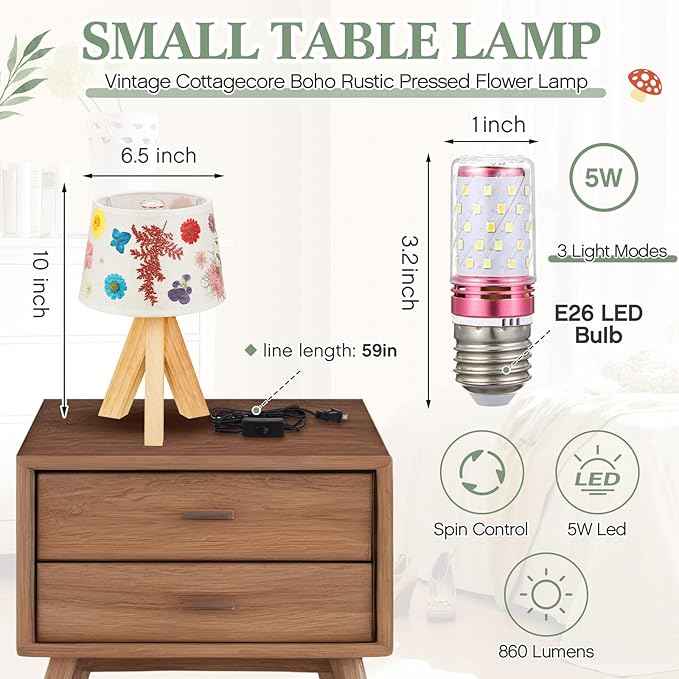 Hortsun Pressed Flower Lamp Vintage Table Small Lamp Cottagecore Decor Boho Night Light Decorative Rustic Night Light for Bedroom, Living Room or Office, Valentine Gift for Women (Trapezoid)
