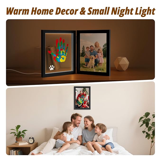 Family Handprint Kit with Light, 5 Non-Toxic Paints, Hand Prints Ornament Keepsake Frame for 4, DIY Craft Gift for New Parents & Mom & Baby, Grandparents, Mother's Day, Father's Day