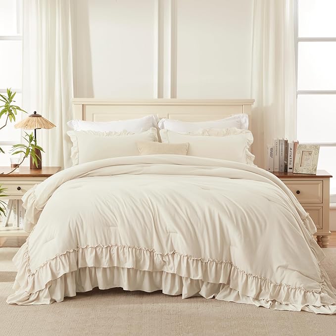 Andency Oversized King Ruffle Comforter Set, 3 Pieces Shabby Chic Farmhouse Bedding Set, Lightweight Soft Comforter Set 120x98 for Girls Women (1 Comforter 2 Pillowcases), Beige
