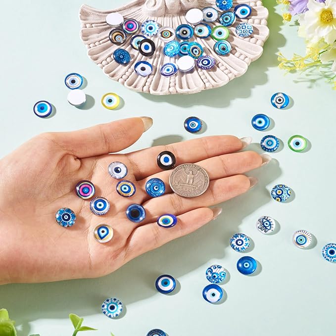 Craftora 100Pcs Evil Eye Glass Cabochons for Jewelry Making, 12x4mm Blue Eyes Half Round Cameo Dome Tiles Flatback Dome Cabochons for DIY Bracelets Necklace Scrapbooking DIY Crafts