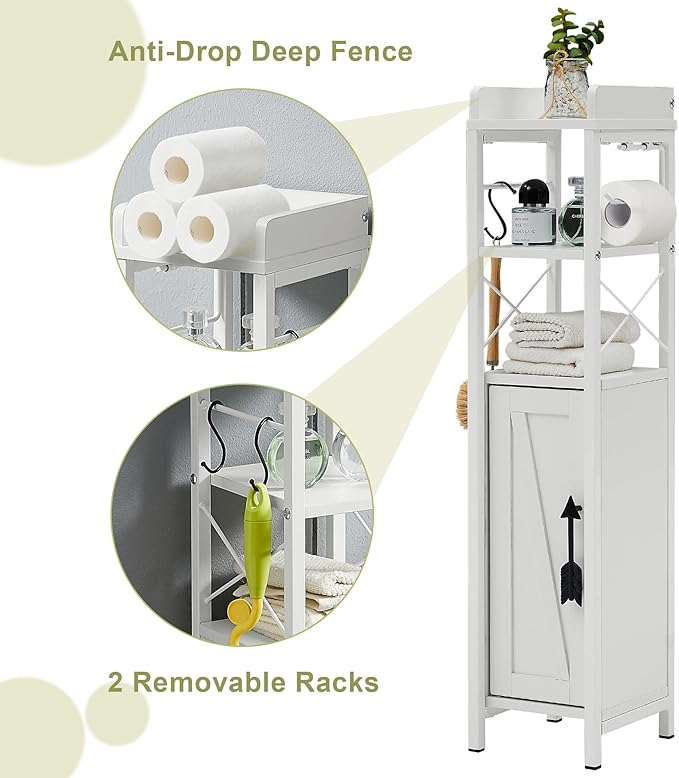 VECELO Slim Toilet Paper Holder, Small Cabinet with Door & 2 Shelves Fenced Top, Bathroom Narrow Storage Organizer for Restroom Bathroom Tiny Space, Pearl White