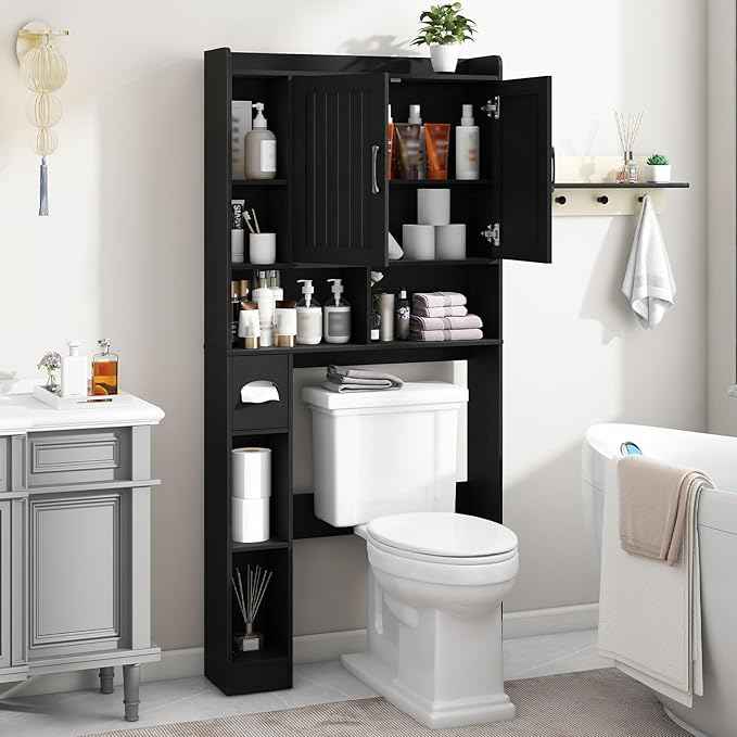 Vabches Over The Toilet Storage Cabinet, Farmhouse Storage Cabinet Over Toilet with Barn Door, Home Space-Saving Toilet Rack, for Bathroom, Restroom, Laundry（Black）.