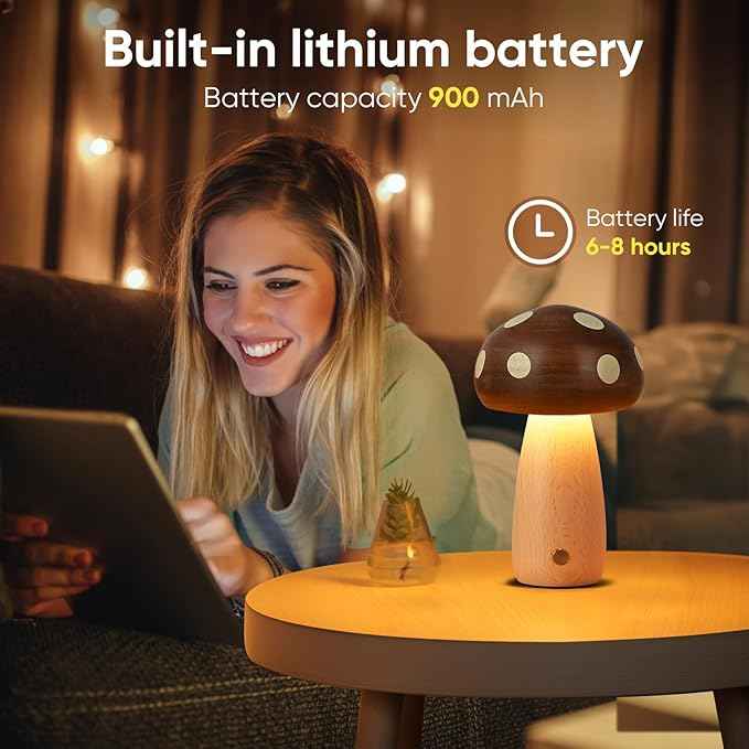 2 Pack LED Wood Mushroom Table Lamp, Rechargeable Cordless Touch Bedside Small Lamps, Wireless Stepless Dimming Night Light, Portable Battery Lamp for Bedroom Nightstand for Birthday Gifts