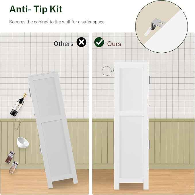 TEENFON Bathroom Storage Cabinet with Adjustable Shelf & Large Drawer, Tall Storage Cabinet with 4 Doors, Kitchen Pantry Storage Cabinets, for Living Room, Dining Room, Home Office, Entryway, White