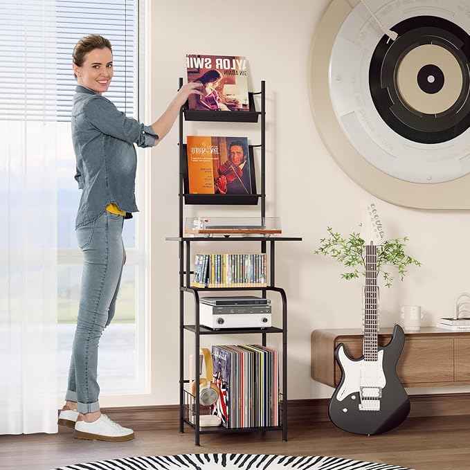 Record Player Stand with Vinyl Storage - 6-Tier Turntable Table with Adjustable Feet, Metal & Wood Cabinet - Console Organizer Display Shelf for Living Room, Apartment