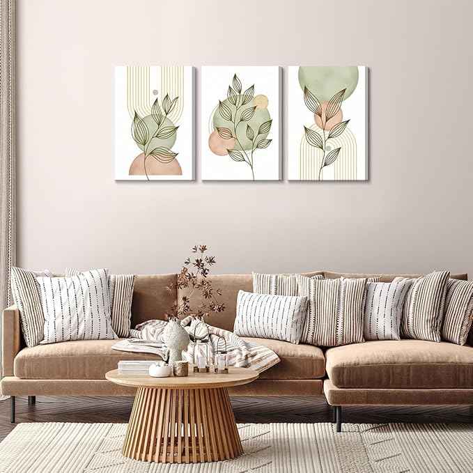 3Pcs Framed Sage Green Boho Canvas Wall Art Modern PinkBotanical Posters Print Abstract With Leafr Pictures Wall Decoration For Living Room Bedroom Bathroom