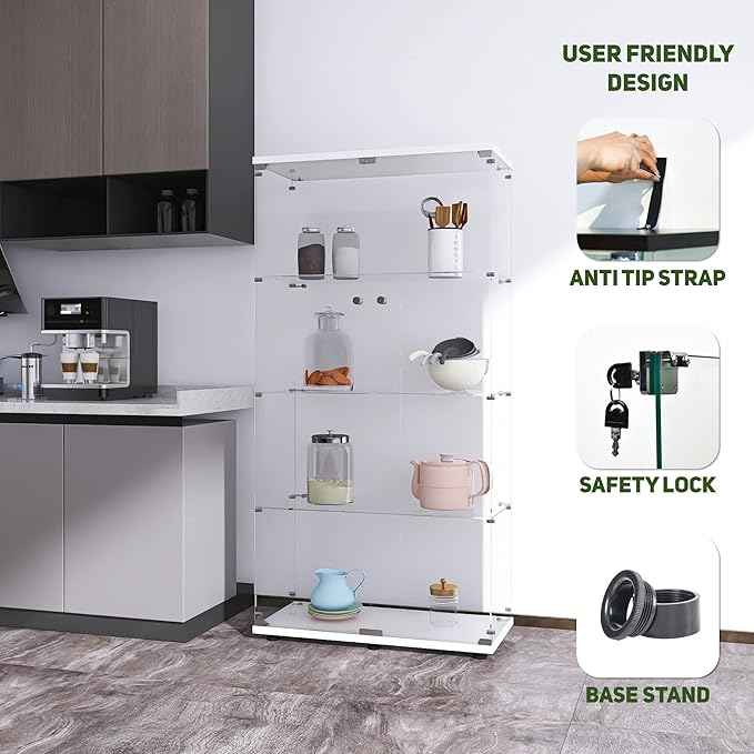 Beauty4U Glass Display Cabinet with 4 Shelves, 2 Doors Curio Cabinets for Living Room, Bedroom, Office, White Floor Standing Glass Bookshelf, Quick Installation