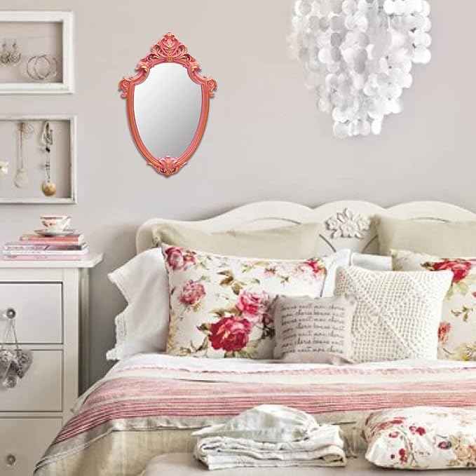 Eaoundm 16.5 x 11 inch Vintage Mirror Antique Mirror Decorative Wall Mirror Shield Shape (Pink)