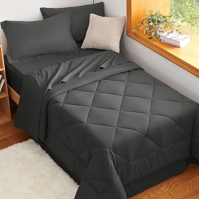 CozyLux Twin Comforter Set with Sheets Dark Grey - 5 Pieces Bed in a Bag Twin, All Season Bed Set for Girls and Boys, Bedding Set with Down Alternative Comforter, Sheets, Pillowcase & Sham