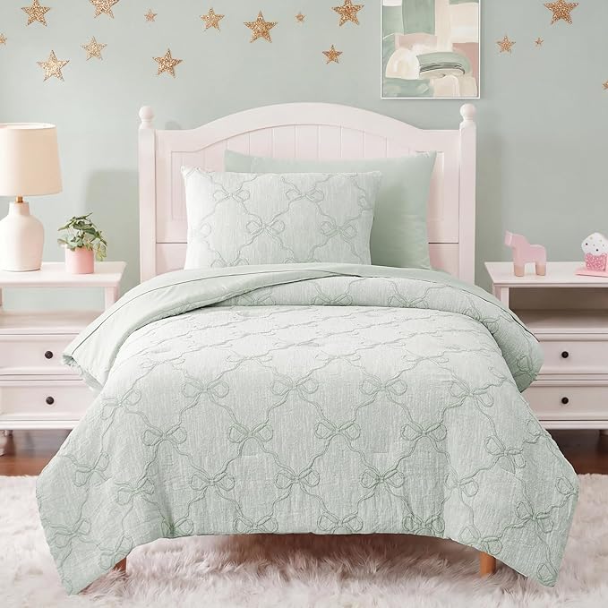 Twin Comforter Set with Sheets for Girls-5 Pieces Twin Bedding Sets with Light Green Comforter, Sheets, Pillowcase & Sham for Kids (Green Diamond, 66" X 86")