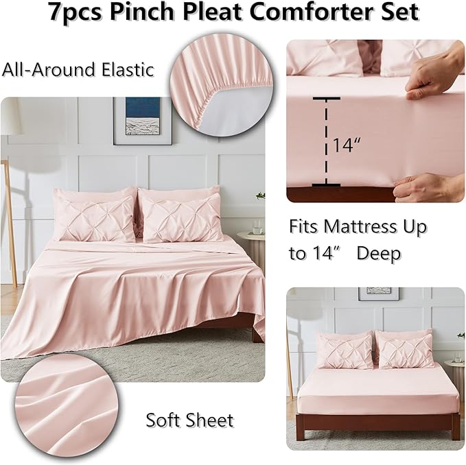 CozyLux Oversized Queen Comforter Sets Blush Pink, 7 Pieces Oversized Queen Pintuck Bed in A Bag, Pinch Pleat Bedding Sets with All Season Comforter, Flat Sheet, Fitted Sheet, Pillowcases & Shams