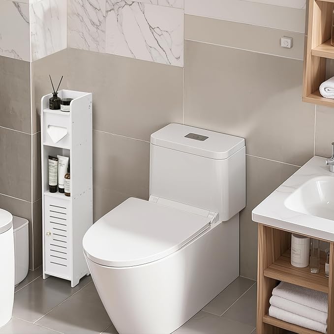 VECELO Storage Cabinet for Small Spaces,Skinny Toilet Paper Holder Stand with Anti-Drop Fence and Roller Storage, White