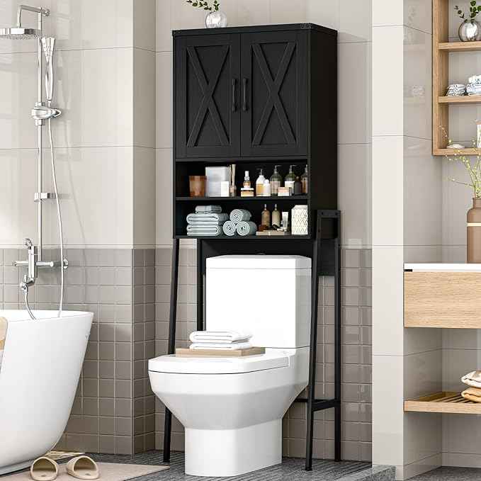 Vabches Over The Toilet Storage Cabinet, Farmhouse Over Toilet Storage Cabinet, Metal Frame with 2 Barn Doors, Home Space-Saving Toilet Rack for Bathroom, Toilet, Laundry Room,Black