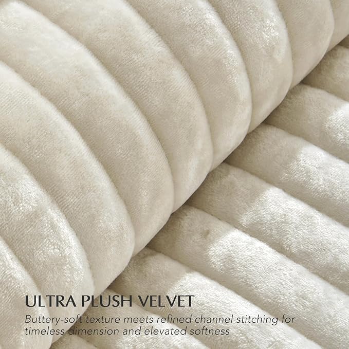 EVERGRACE Velvet Quilt Set King Size, Luxurious Soft Striped Channel Bedding Set, Lightweight Velvet Comforter for All Season, Oversized Bedspread Coverlet with 2 Matching Shams, Beige