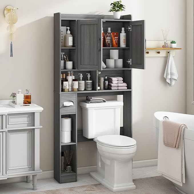 Vabches Over The Toilet Storage Cabinet, Farmhouse Storage Cabinet Over Toilet with Barn Door，Home Space-Saving Toilet Rack for Bathroom, Restroom and Laundry.（Wash Grey）