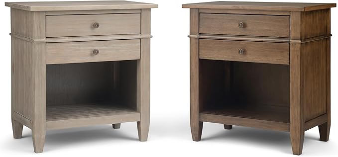 SIMPLIHOME Carlton Bedside Table - 24 inch Wide Solid Wood Nightstand Table in Distressed Grey, Transitional Bedroom Side or End Table with 2 Drawers, Open Storage Shelf and Bronze Hardware