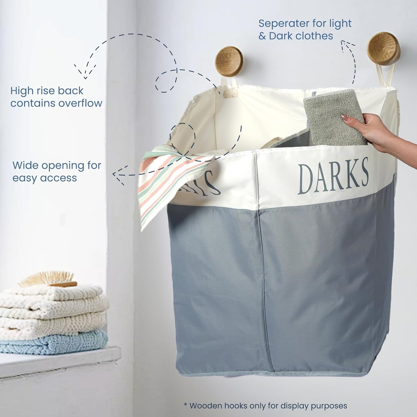 The Fine Living Co. X-Large Two Compartments Hanging Laundry Hamper with Over Door Hooks, Durable Space Saving Laundry Bag Storage with Bottom Zipper, Wide Open Top Dark/Light Compartment(25"x10"x31")