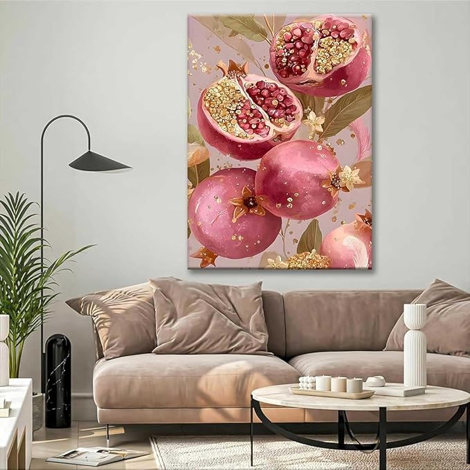 Paint by Numbers Kit for Adults Framed, Pink Pomegranates with Gold Accents, DIY Oil Painting, Pre-Printed Canvas Wall Art Home Decor Gift, 16x20inch Framed, 24 Colors