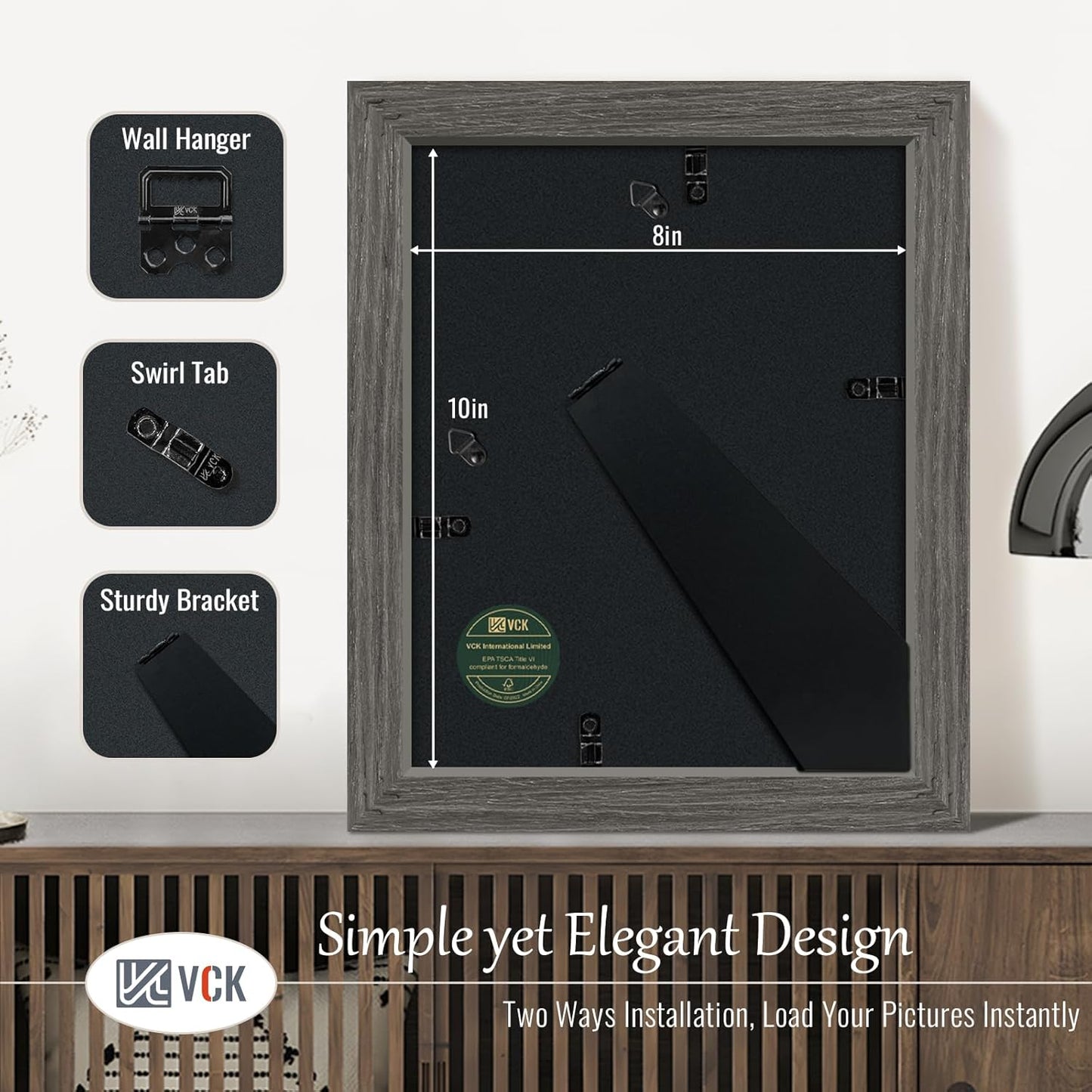 VCK 8x10 Picture Frame 3 Pack, Gray Solid Wood Frame, Exclusive Wood Grain, Wall Gallery Frame