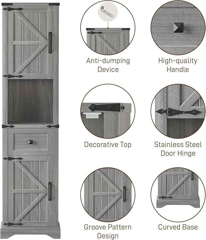 Vabches 66" Tall Farmhouse Bathroom Storage Cabinet with Barn Doors and Drawer, Narrow Storage Unit, Adjustable Shelves & 5-Tier Space, Freestanding Cabinet for Bathroom, Entryway, Kitchen, Wash Grey