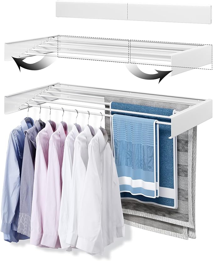 Wall Mounted Drying Rack 40", 5 Aluminum Poles, 60 lb. Load Capacity, Foldable, Retractable, Space Saving Clothes Drying Rack (40" White)