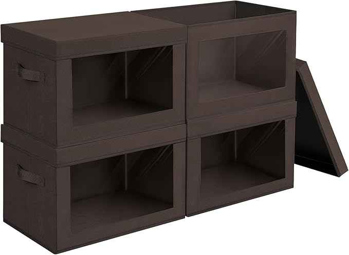 Stackable Storage Bins with Lids - Large Storage Box with Lids, Foldable Closet Boxes for Organizing, Wardrobe Clothes Organizer with Window, Cubes Bins for Living Room, 4 Pack, Brown