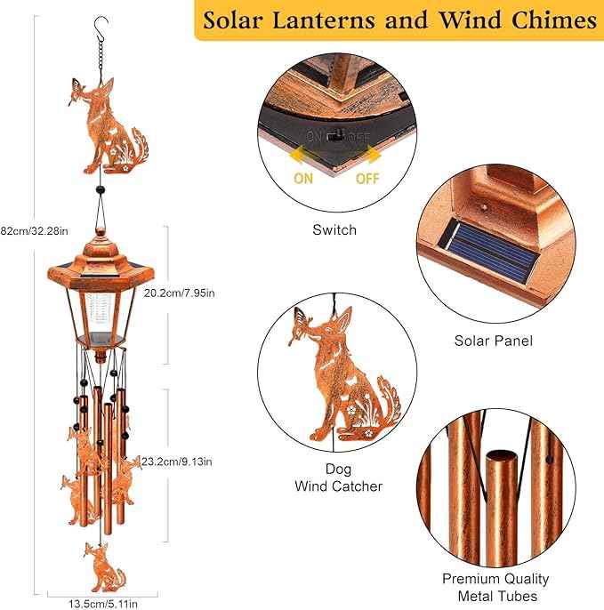 Large Solar Dog Wind Chimes, Gifts for Women Mom Grandma Wife Sister Daughter Neighbor Nana, Classic Bronze Wind Chimes With Wind Catcher, Solar Decor Lights For Outdoor Garden Patio Yard Porch Window