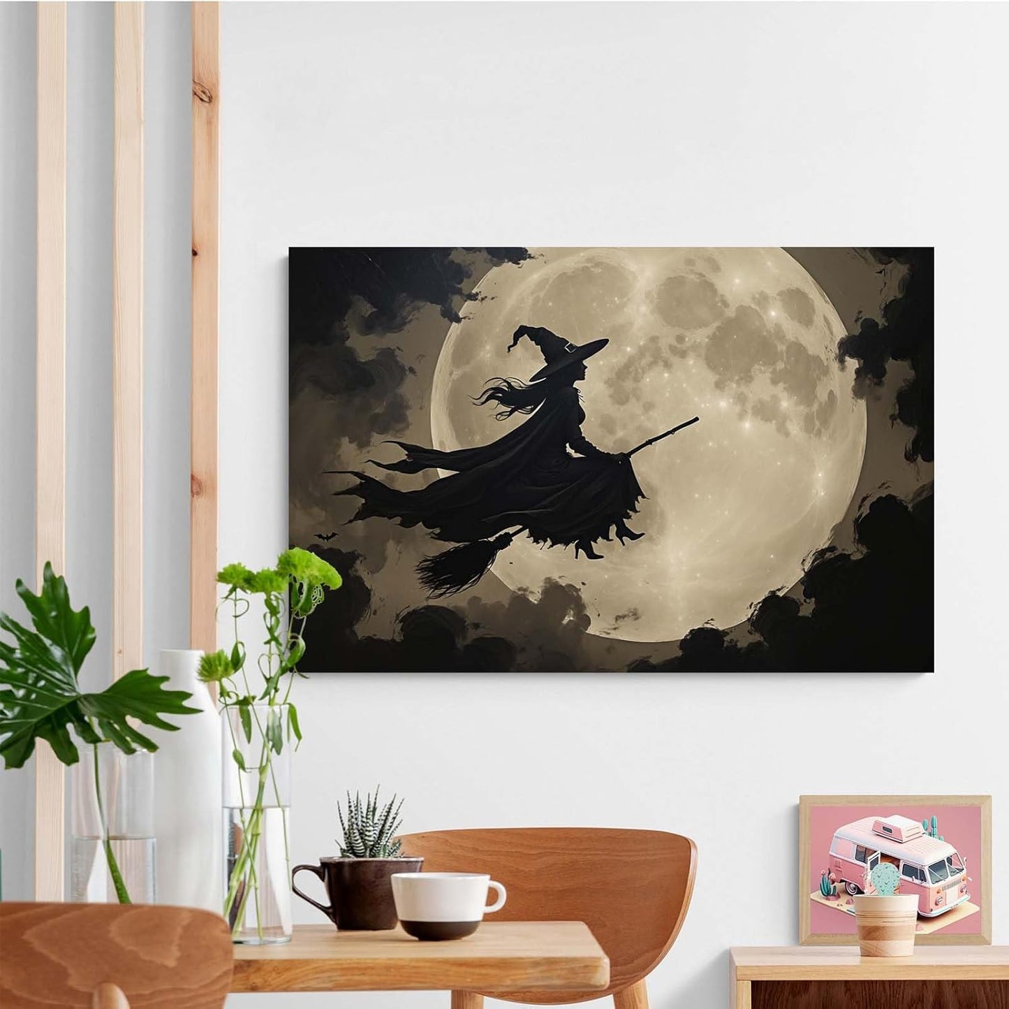 Full moon witch silhouette poster witch on magic broom Halloween mural poster decorative mural art suitable for home living room bedroom24x36in Wood Framed