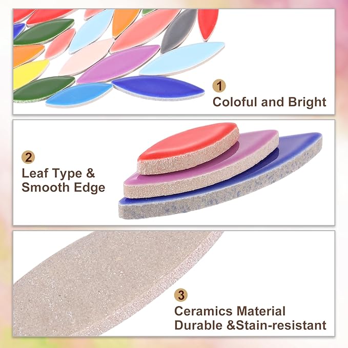 uxcell Ceramic Mosaic Tile, About 200g Teardrop Leaf Tile Mosaic Block for Handicrafts Artwork, Red/Yellow/Green/Blue/Purple/Pink/White