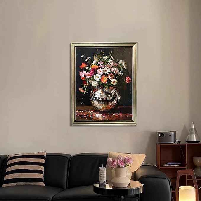Vintage Framed Disco Ball Wall Art Retro Eclectic Wall Decor Colorful Moody Florals Painting Maximalist Wall Art Funky Flowers Bouquet Print Artwork