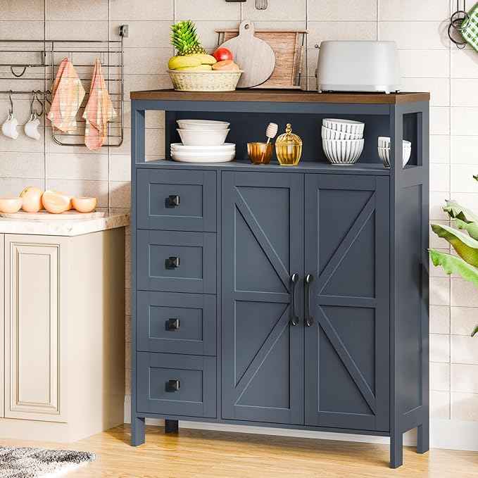 Vabches Farmhouse Storage Cabinet with 2 Doors and 4 Drawers, Freestanding Bathroom Compartment Kitchen Pantry Cabinet, Floor Cupboard for Kitchen/Living Room/Bathroom,Blue