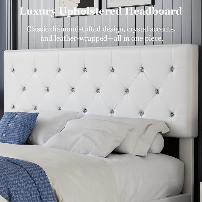 VECELO Queen Size Bed Frame with 3 Storage Drawers, Leather Upholstered with Diamond Tufted Headboard, Solid Wood Slat Support, No Box Spring Needed, PU & White