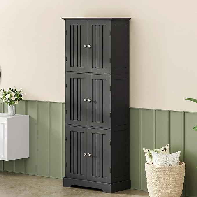 ChooChoo Tall Bathroom Storage Cabinet with 6 Doors, Freestanding Floor Cabinet with Adjustable Shelves, Black Pantry Cabinet for Bathroom, Kitchen, Laundry Room