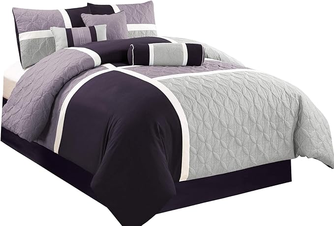 Chezmoi Collection Upland 7-Piece Quilted Patchwork Comforter Set, Lavender/Gray/Purple, California King