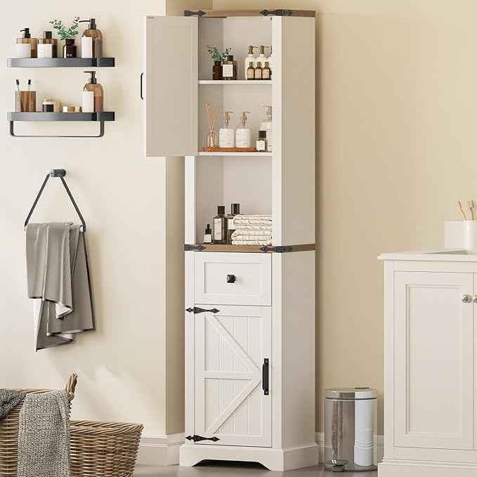 Vabches 66" Tall Farmhouse Bathroom Storage Cabinet with Barn Doors and Drawer, Narrow Storage Unit, Adjustable Shelves & 5-Tier Space, Freestanding Cabinet for Bathroom, Living Room, Kitchen
