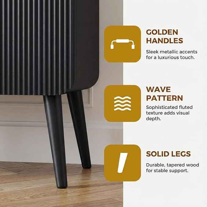 23.6" Modern Fluted Sideboard Cabinet with 2 Doors, Wood Storage Credenza with Shelves, Multi-Purpose Buffet Cabinet for Entryway, Dining & Living Room, Black