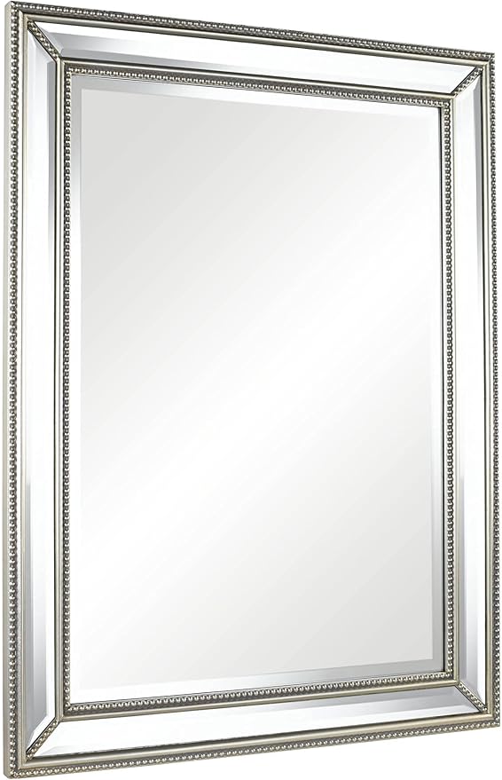 Uttermost Palais Rectangular Vanity Decorative Accent Wall Mirror Modern Beaded Beveled Glass Mottled Silver Mirrored Frame 30" Wide for Bathroom Bedroom Living Room Home House Office