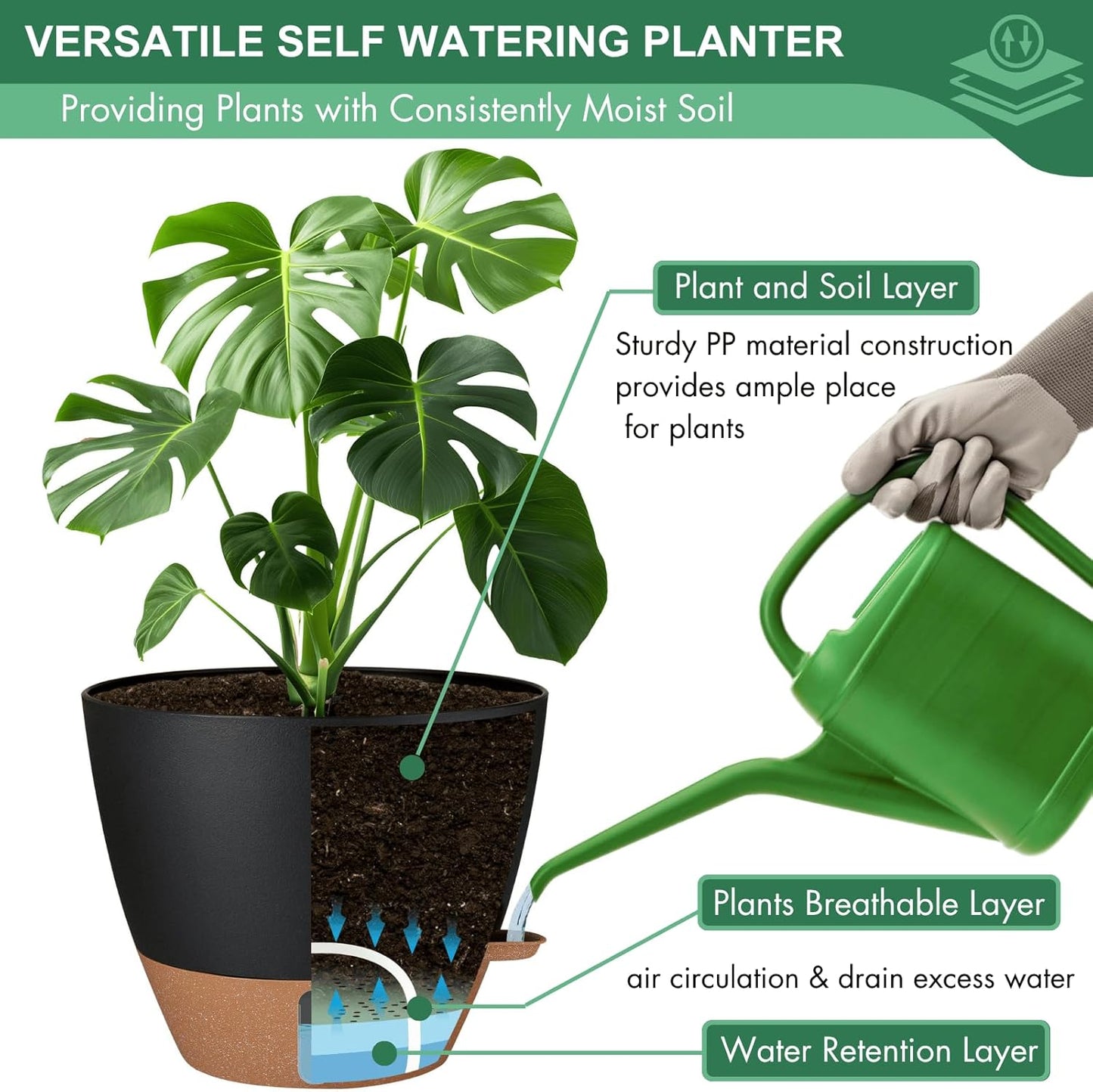 12/10/8 Inch Self Watering Pots for Indoor Plants Plastic Large Plant Pot for Outdoor Plants, Water Level Window & Spacious Reservoir Flower Pots Decorative Planter with Drainage and Tray (Black)