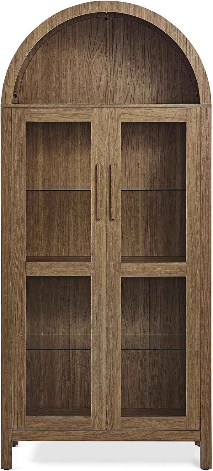 Arched Storage Cabinet with Glass Doors, Wood Display Cabinet with Adjustable Shelves and LED Lighting, 67H x 30W x 15.5D Inches, Modern Retro Style Kitchen Cabinet