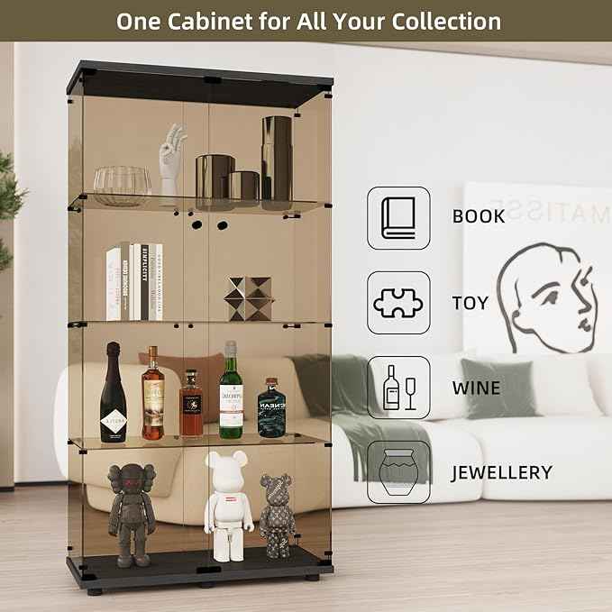 Beauty4U Glass Display Cabinet with 4 Shelves, 2 Doors Curio Cabinets for Living Room, Bedroom, Office, 5mm Brown Tempered Glass Floor Standing Bookshelf, Quick Installation