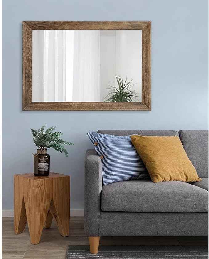 AAZZKANG Rustic Wood Mirror Rectangle Decorative Wall Mirrors with Frame Large 28"x20"for Bedroom Living Room Bathroom Entryway Hanging Brown