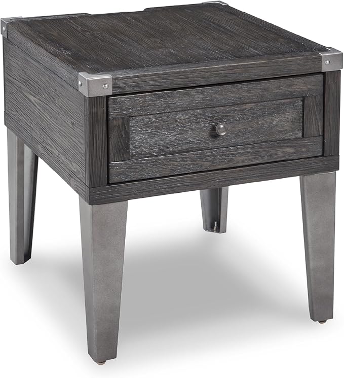 Signature Design by Ashley Todoe Industrial Square End Table with 1 Drawer, 2 Outlets and 2 USB Charging Ports, Dark Gray with Weathered Pine Finish