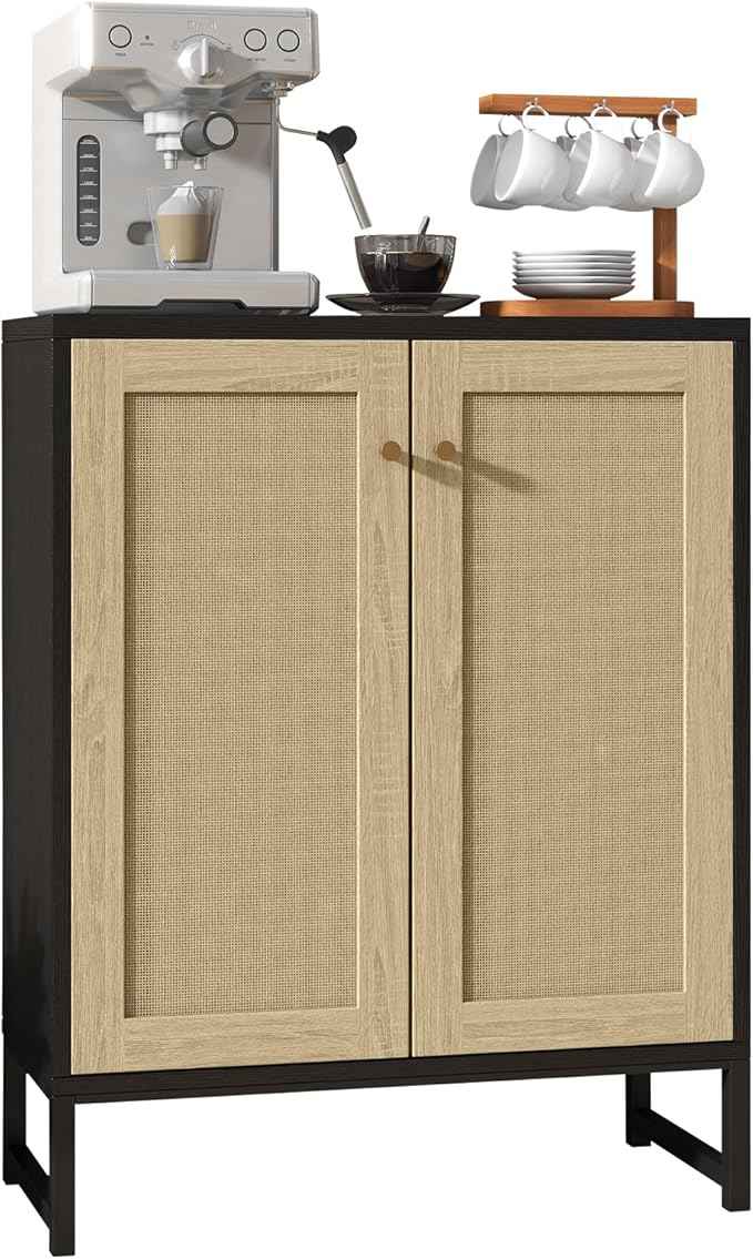 Panana Rattan Decorated 2 Doors Storage Cabinet Accent Cabinet Living Room Cupboard Kitchen Sideboard Buffet Table (Black)