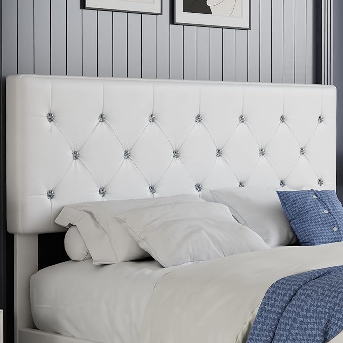 VECELO Full Size Bed Frame with 3 Storage Drawers, Leather Upholstered with Diamond Tufted Headboard, Solid Wood Slat Support, No Box Spring Needed, PU & White