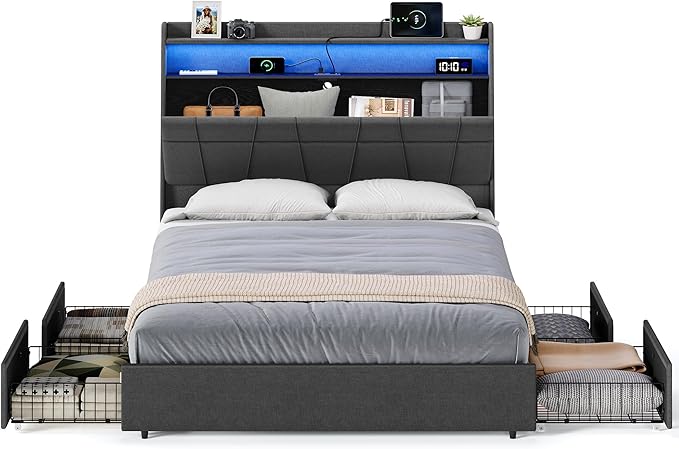VASAGLE Queen Bed Frame with 51.4 Inch Tall Storage Headboard, Bed Frame Queen Size with 4 Storage Drawers on Wheels, LED Lights, Charging Station, No Box Spring Needed, Modern, Dark Gray URMB891G02