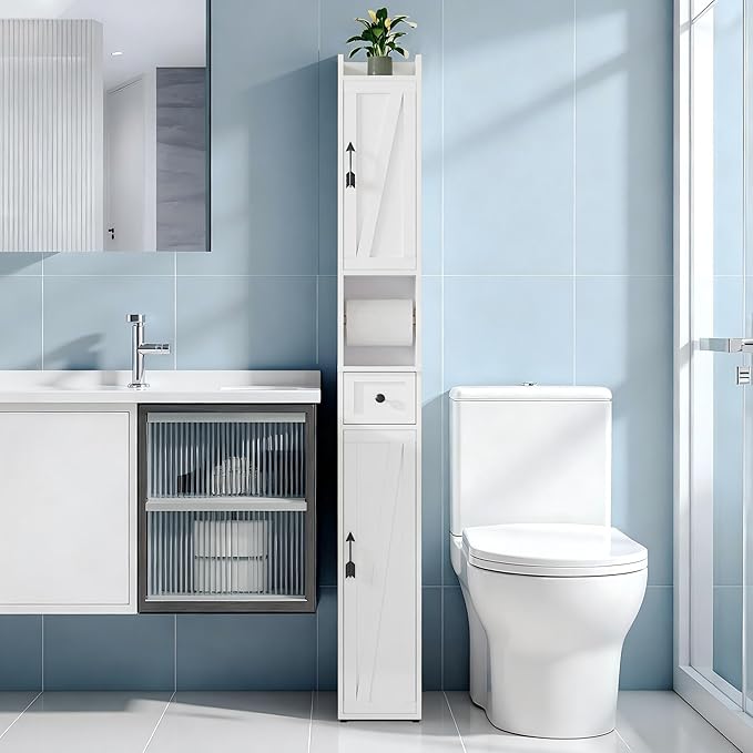 VECELO Narrow Bathroom Storage Cabinet, Tall Cabinet with Adjustable Shelves & Toilet Paper Holder & Drawer, Slim Freestanding Floor Cabinets with Magnetic Door for Small Spaces, White